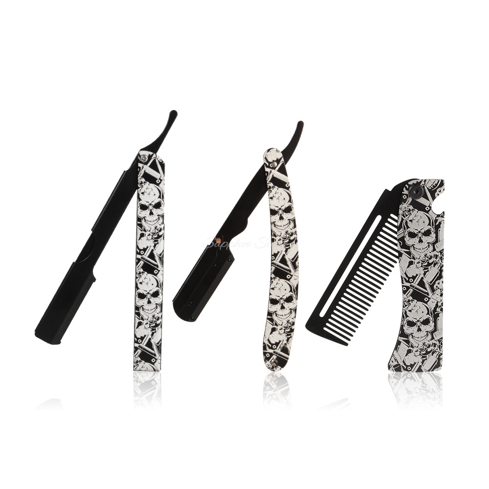 Men'S Grooming Razor Kit - 2026 Barbier-Klappmesser-Rasier-Set mit Totenkopfmuster, Metall-Rasiermesser &